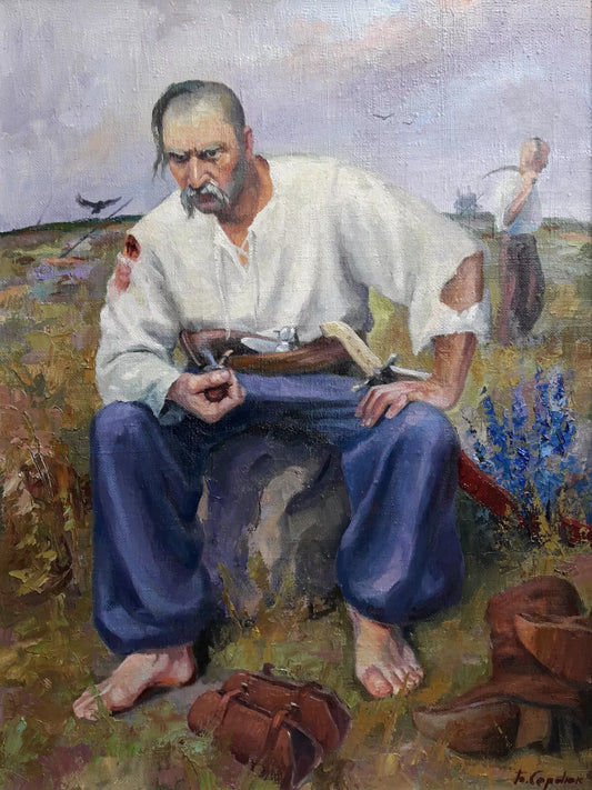 art-portrait-peinture-huile-toile-cosaque-chemise-blanche