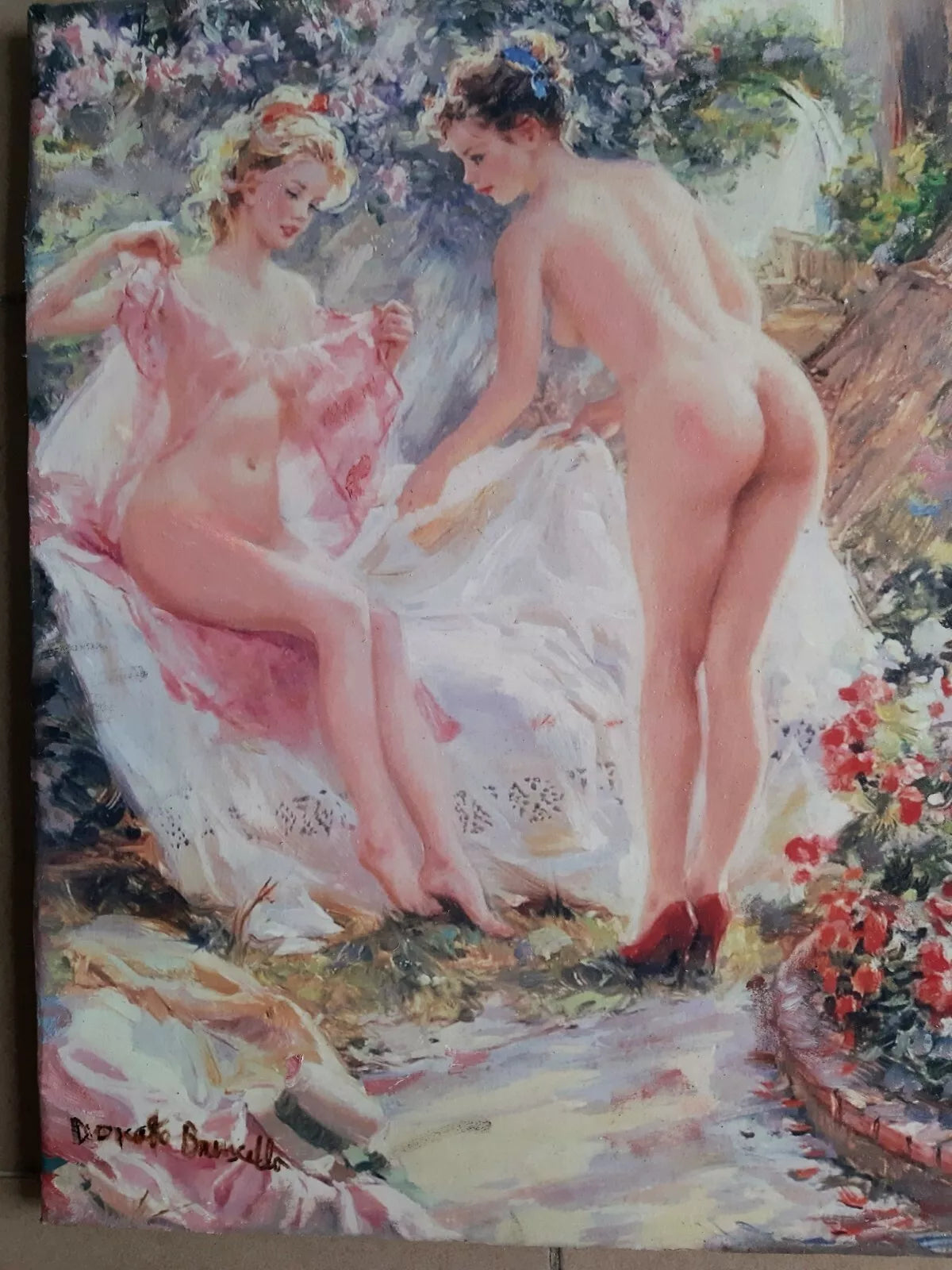 art-decoration-tableau-peinture-huile-toile-portrait-femmes-nues-amies-lingerie