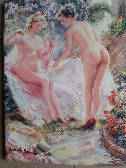 art-decoration-tableau-peinture-huile-toile-portrait-femmes-nues-amies-lingerie