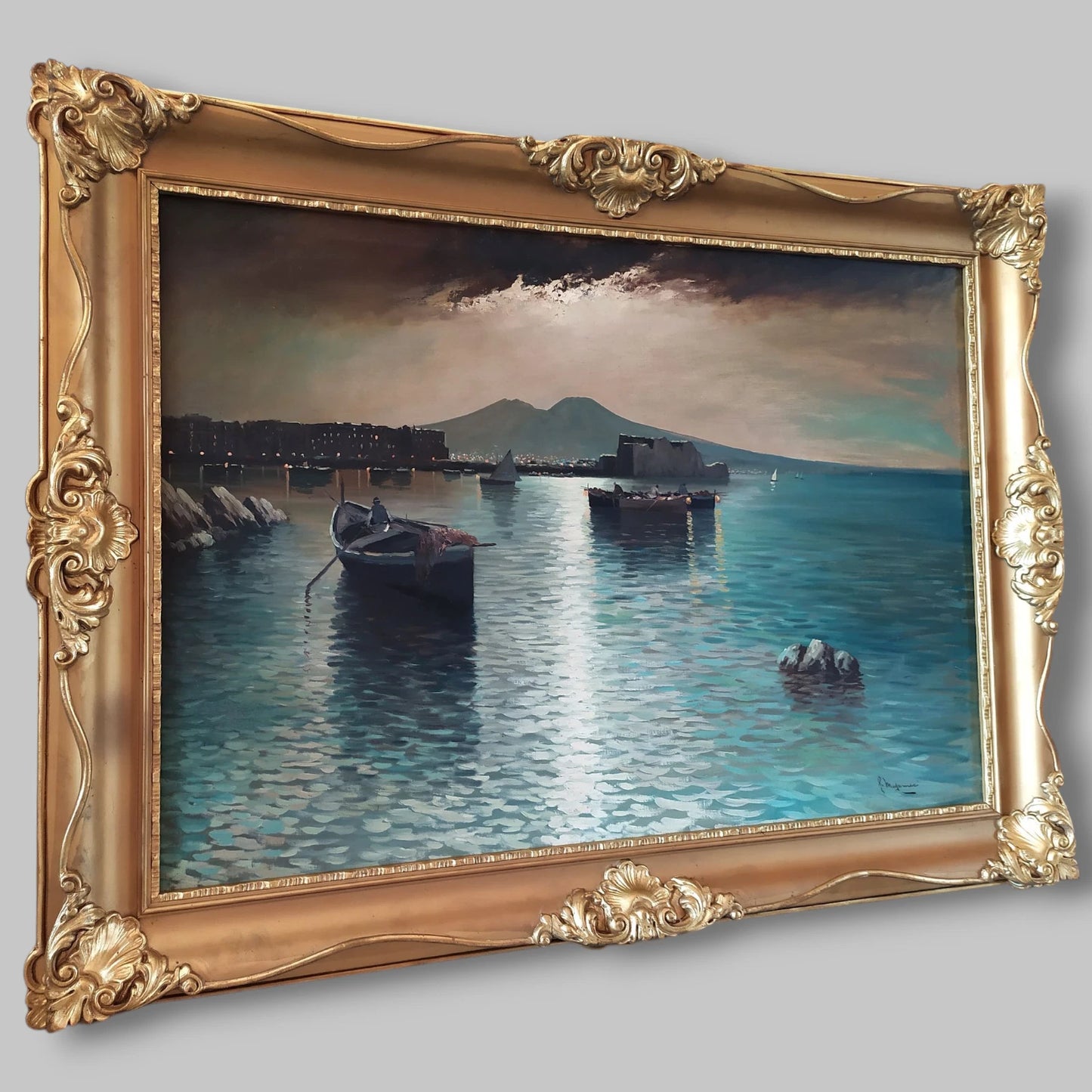 Paysage Nocturne Baie de Naples Marina Grande Peinture à Huile Années 50 signée