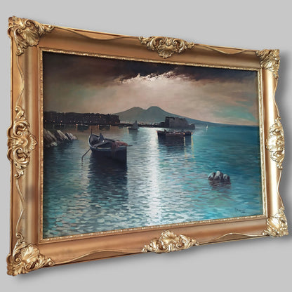 Paysage Nocturne Baie de Naples Marina Grande Peinture à Huile Années 50 signée