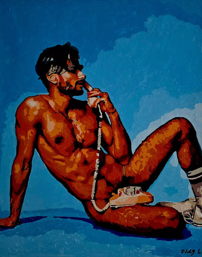 art-érotique-gay-male-peinture-huile sur toile-originale-homme-nu-intégrale-telephone