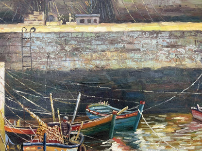 art-decoration-tableau-peinture-huile-toile-scene-vie-port-peche-pecheurs-filet