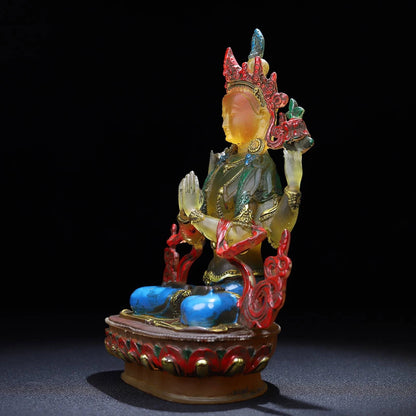 Ancienne statue chinoise en verre émaillé de Pékin sculpté à quatre bras Avalokiteshvara