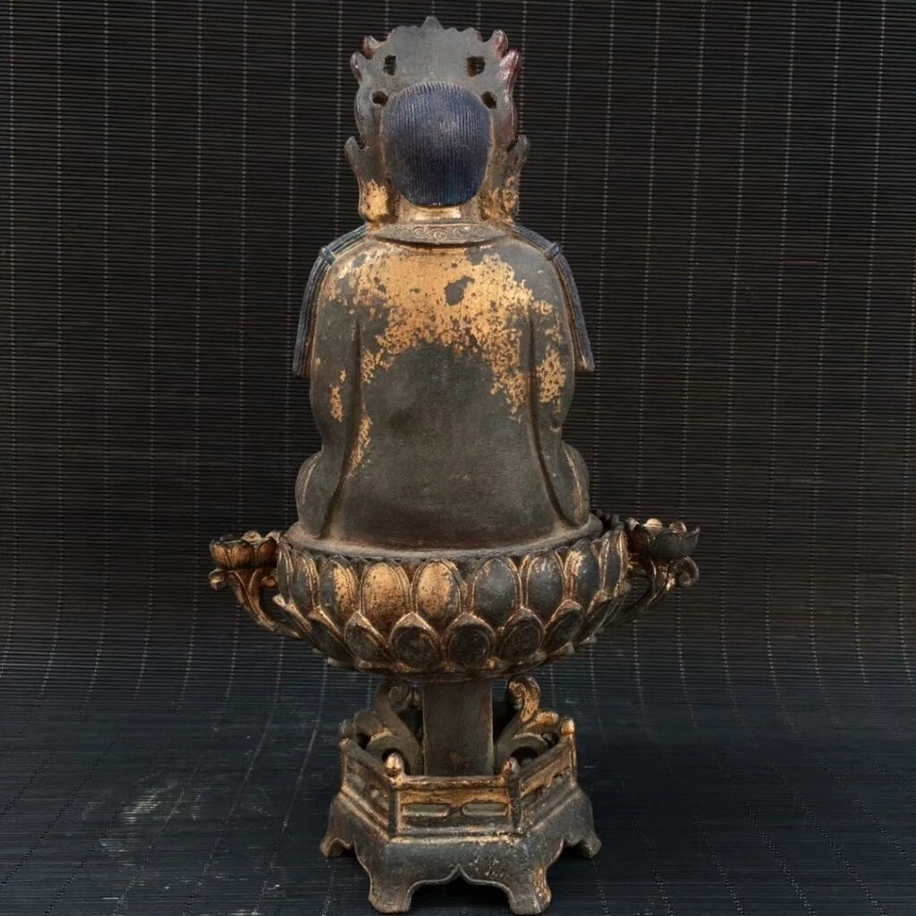 Ancienne statue de Bouddha Jambhala jaune fait main bronze doré
