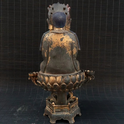 Ancienne statue de Bouddha Jambhala jaune fait main bronze doré