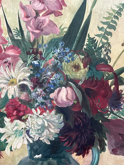 Ann Sonia huile sur toile signée nature morte bouquet de fleurs 1944 encadrée