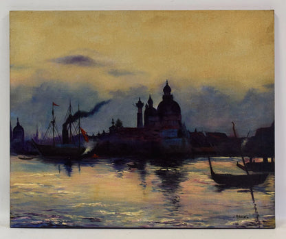Vers 1920-1940 Tableau ancien, Venise à la tombée du crépuscule, huile, signée