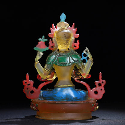 Ancienne statue chinoise en verre émaillé de Pékin sculpté à quatre bras Avalokiteshvara