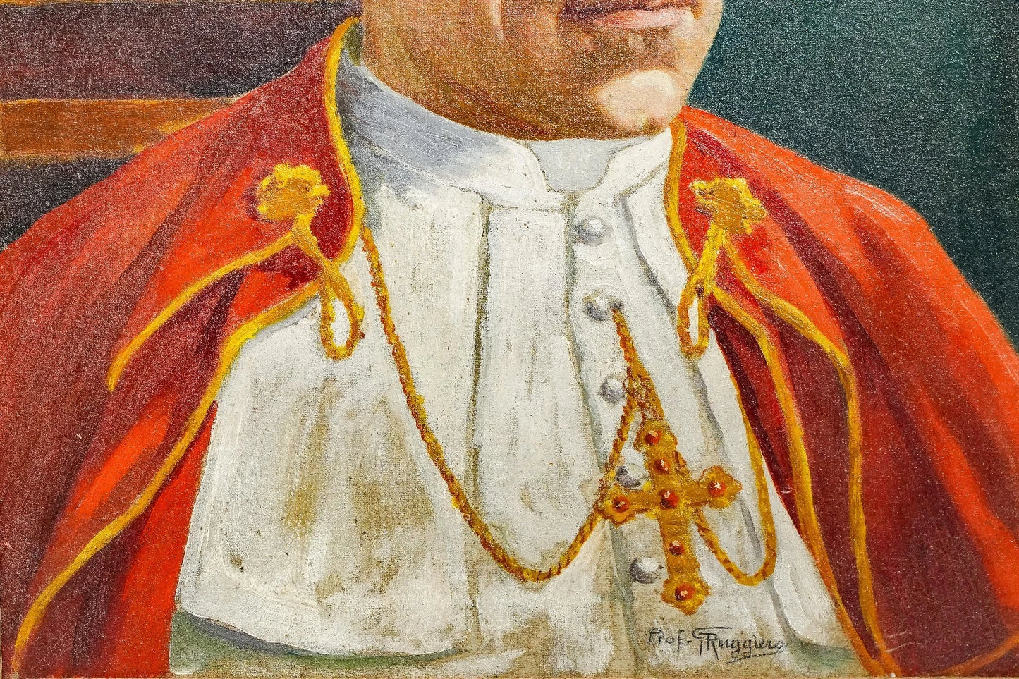 Tableau ancien huile encadré portrait frappant du pape Pie XII art catholique