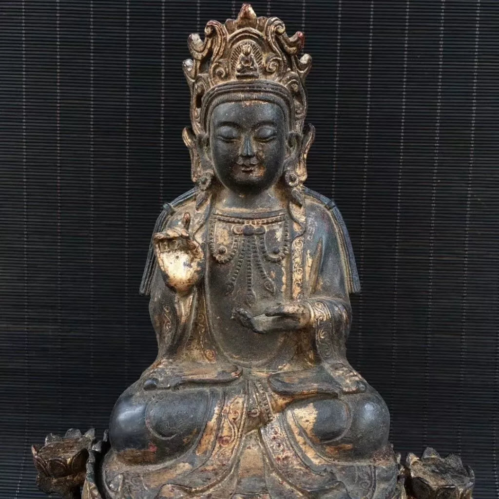 Ancienne statue de Bouddha Jambhala jaune fait main bronze doré