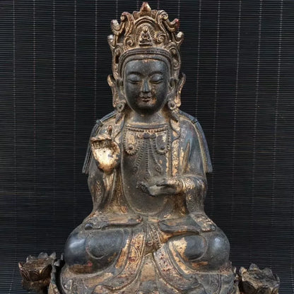 Ancienne statue de Bouddha Jambhala jaune fait main bronze doré