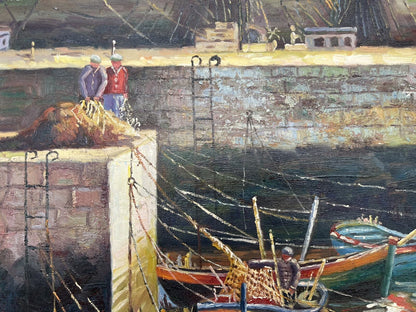 art-decoration-tableau-peinture-huile-toile-scene-vie-port-peche-pecheurs-filet
