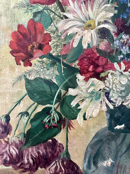 Ann Sonia huile sur toile signée nature morte bouquet de fleurs 1944 encadrée