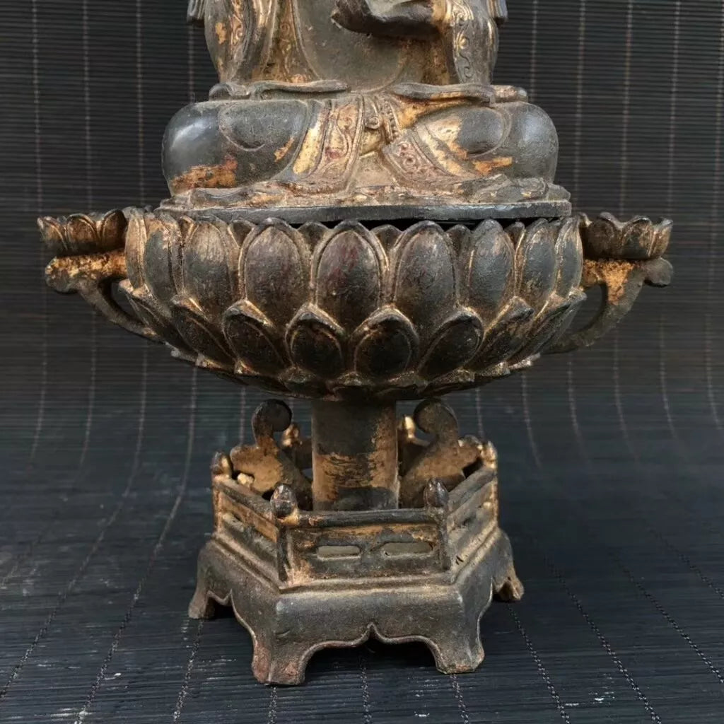 Ancienne statue de Bouddha Jambhala jaune fait main bronze doré