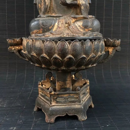 Ancienne statue de Bouddha Jambhala jaune fait main bronze doré