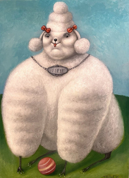 art-decoration-tableau-peinture-huile-toile-animal-chien-caniche-d'apres Botero