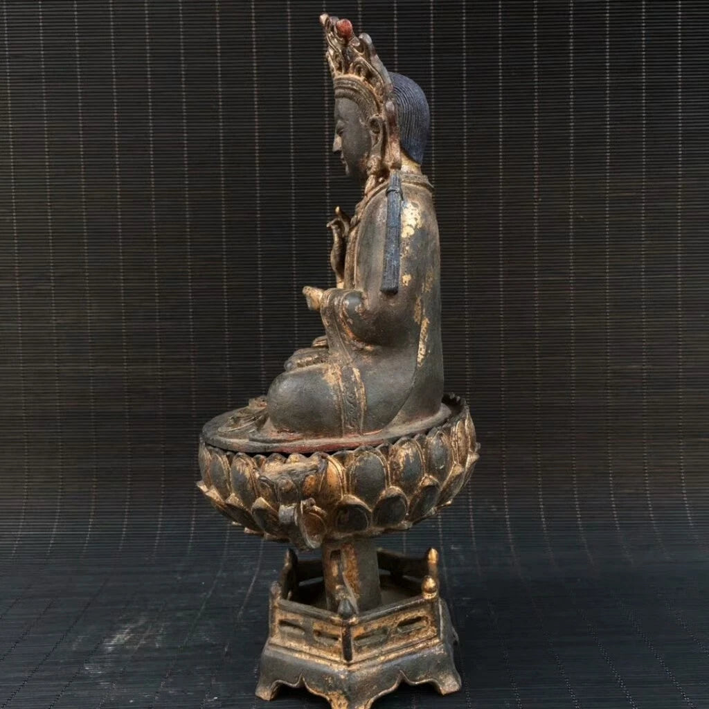 Ancienne statue de Bouddha Jambhala jaune fait main bronze doré