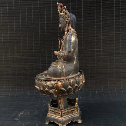 Ancienne statue de Bouddha Jambhala jaune fait main bronze doré