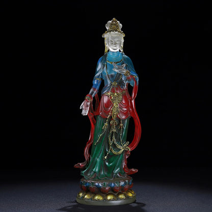 Ancienne statue chinoise de Bouddha Guanyin en verre émaillé de Pékin sculpté lune exquise