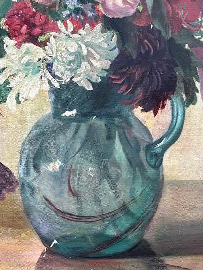 Ann Sonia huile sur toile signée nature morte bouquet de fleurs 1944 encadrée