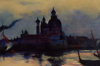 Vers 1920-1940 Tableau ancien, Venise à la tombée du crépuscule, huile, signée