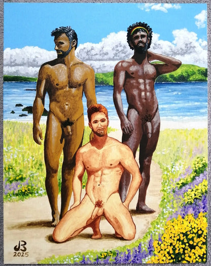 art-decoration-tableau-peinture-huile-panneau toile-erotique-homme-nu-gay-trio-amoureux