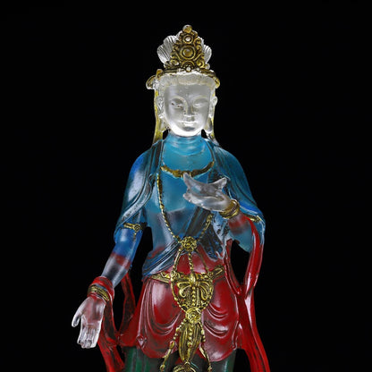Ancienne statue chinoise de Bouddha Guanyin en verre émaillé de Pékin sculpté lune exquise