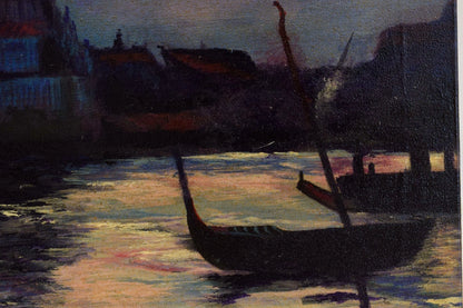 Vers 1920-1940 Tableau ancien, Venise à la tombée du crépuscule, huile, signée