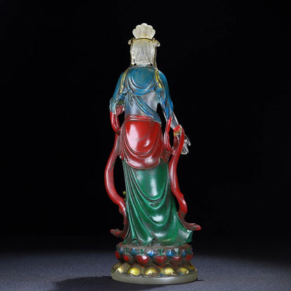 Ancienne statue chinoise de Bouddha Guanyin en verre émaillé de Pékin sculpté lune exquise