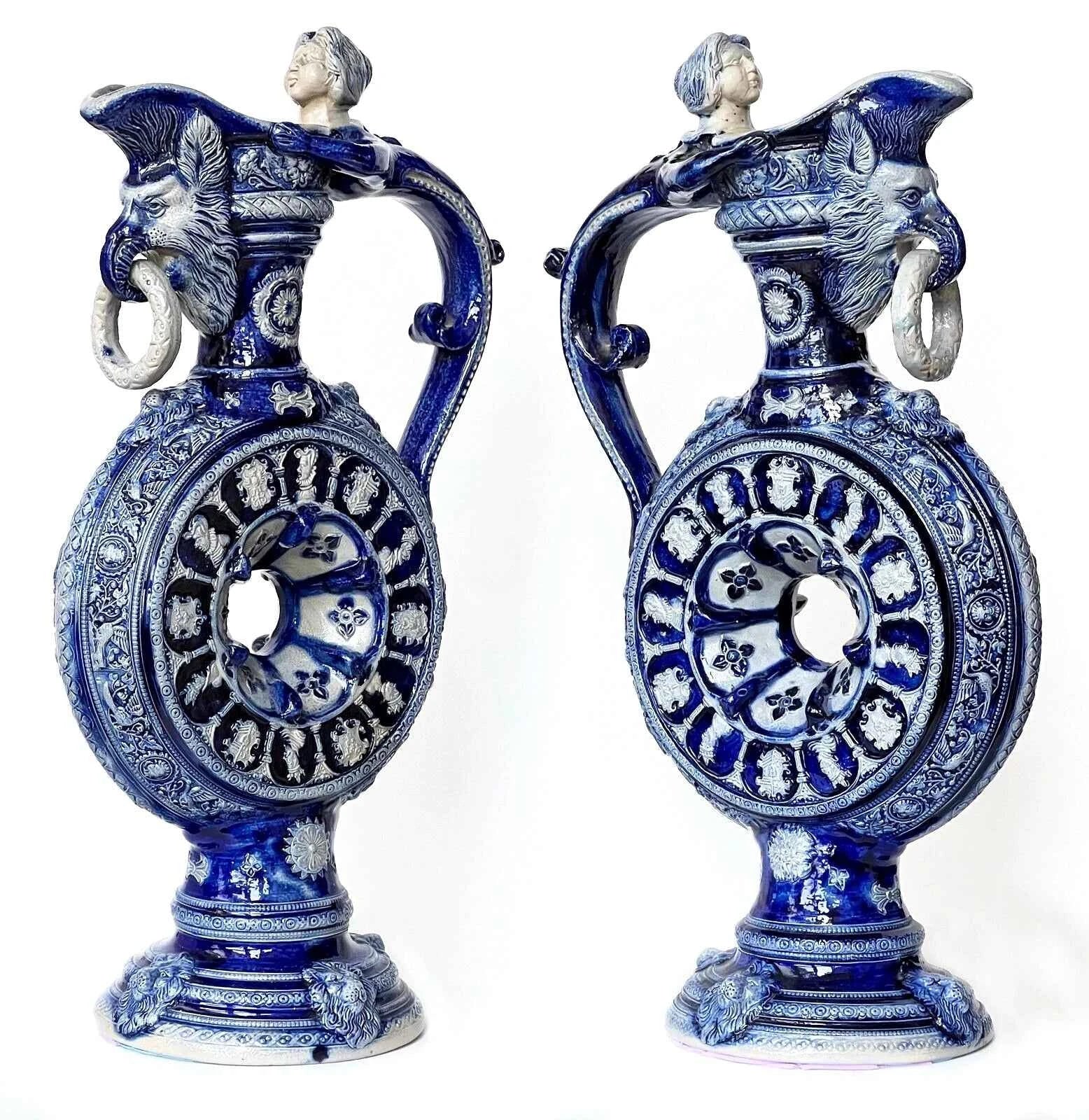 Paire d'anciens pichets carafe Westerwald aiguière sel émail XIXc R Hanke Allemagne