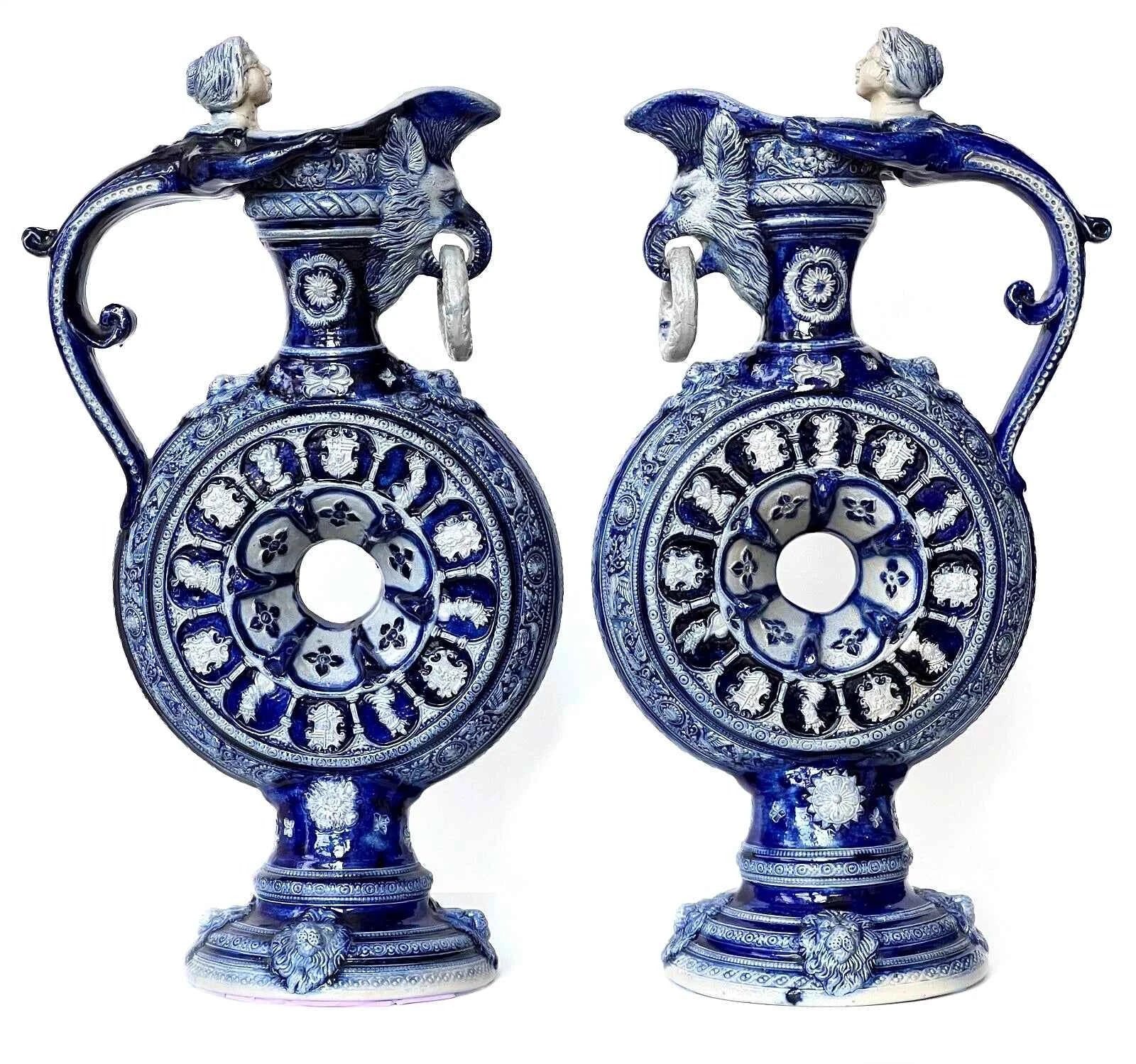 Paire d'anciens pichets carafe Westerwald aiguière sel émail XIXc R Hanke Allemagne