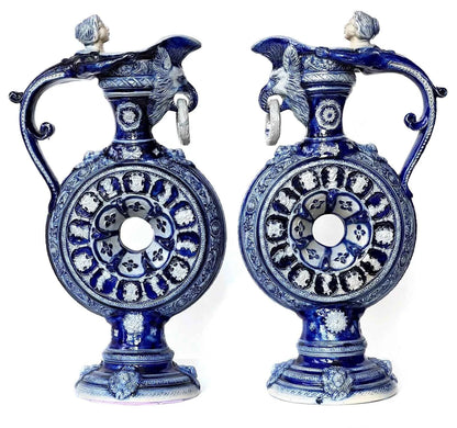 Paire d'anciens pichets carafe Westerwald aiguière sel émail XIXc R Hanke Allemagne