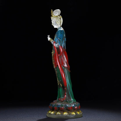 Ancienne statue chinoise de Bouddha Guanyin en verre émaillé de Pékin sculpté lune exquise