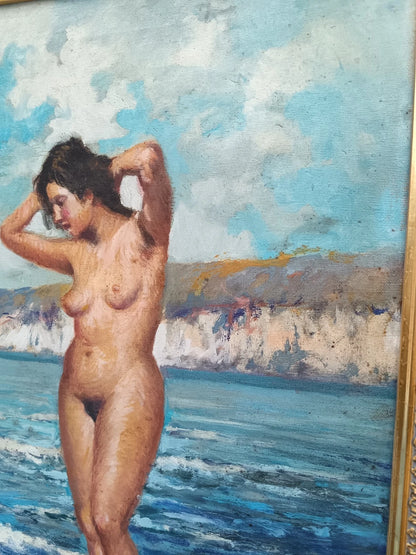 art-decoration-tableau-peinture-huile-toile-portrait-feminin-femme-nue-plage