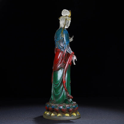 Ancienne statue chinoise de Bouddha Guanyin en verre émaillé de Pékin sculpté lune exquise