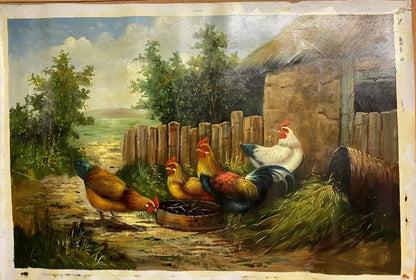 Peinture peinte à la main - poulets dans la ferme - 60x90cm-24"x36"- huile sur toile