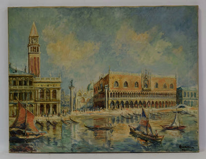 Tableau ancien 1955, place Saint Saint-Marc à Venise, huile, signé dat., 85,5 x 66 cm