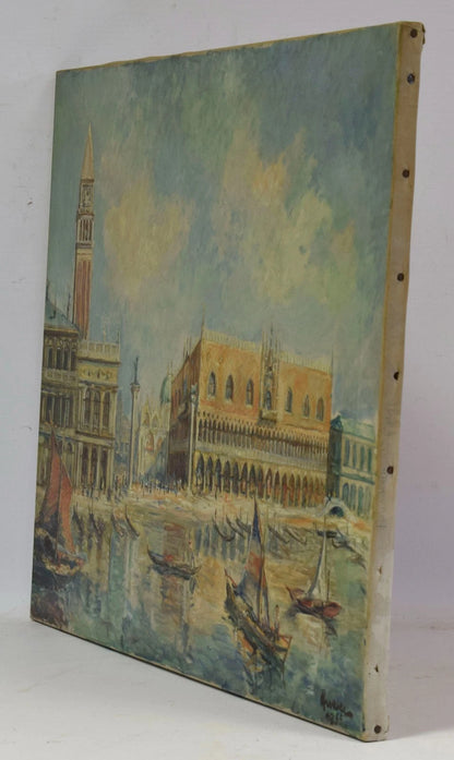 Tableau ancien 1955, place Saint Saint-Marc à Venise, huile, signé dat., 85,5 x 66 cm