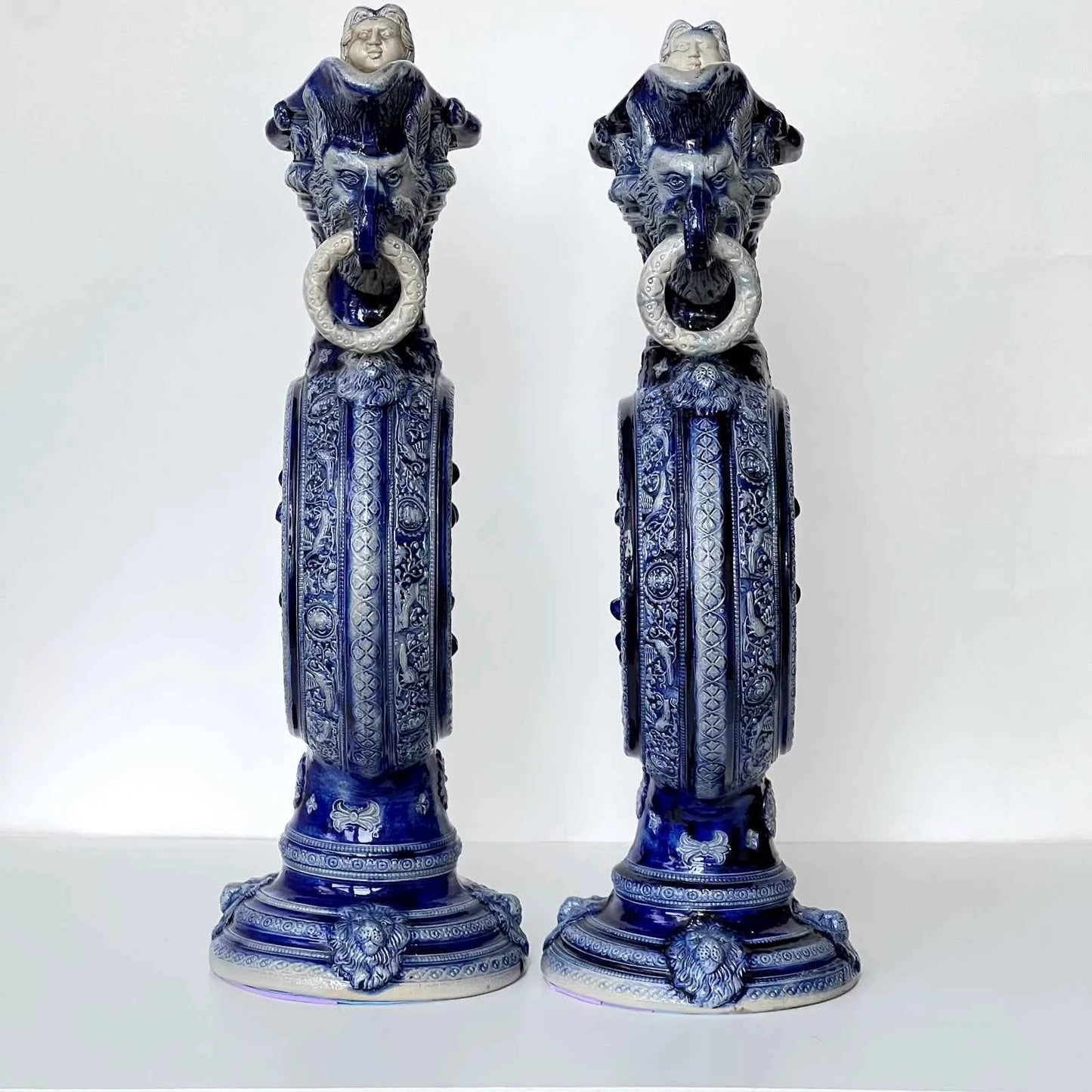 Paire d'anciens pichets carafe Westerwald aiguière sel émail XIXc R Hanke Allemagne