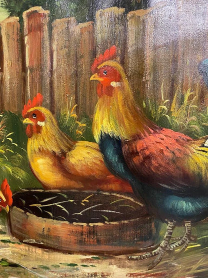 Peinture peinte à la main - poulets dans la ferme - 60x90cm-24"x36"- huile sur toile