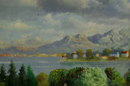 Tableau ancien, Vue sur l'île des femmes, copie d'après Josef Hofbauer (1948), huile