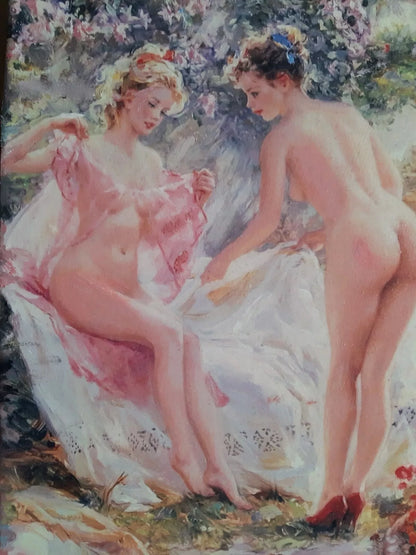 art-decoration-tableau-peinture-huile-toile-portrait-femmes-nues-amies-lingerie