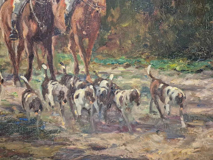 art-scene-personnages-chasse-chevaux-chiens-peinture-huile-toile