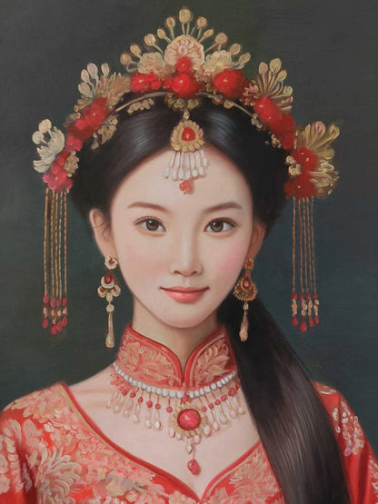 Peinture à l'huile sur toile peinte à la main belle femme chinoise robe rouge par Leng Jun - Kikooyou Art Gallery