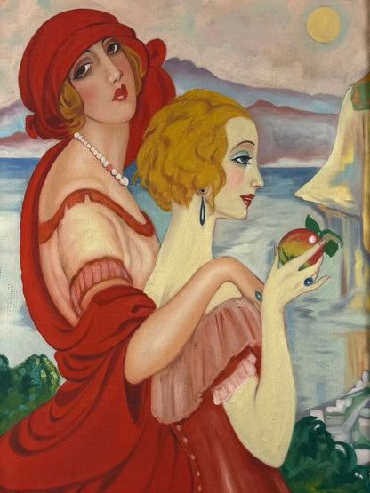 art-decoration-tableau-peinture-huile-toile-moderne-portrait-feminin-femme-personnage-deux amies-d'aprés Gerda Wegener