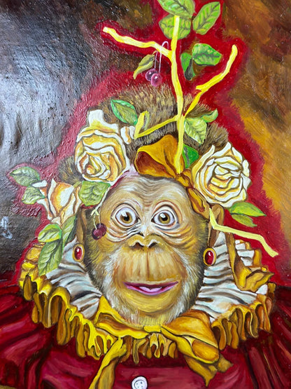 art-decoration-tableau-peinture-huile-toile-surrealisme-portrait-singe-fruits-d'apres Donald Roller