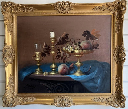 art-decoration-tableau-peinture-huile-toile-nature-morte-fruits-peche-raisin