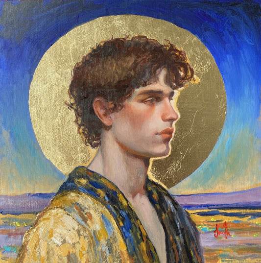 Peinture à l'huile originale d'un jeune homme inspiré de Klimt, sur panneau de bois doré à la feuille d'or.