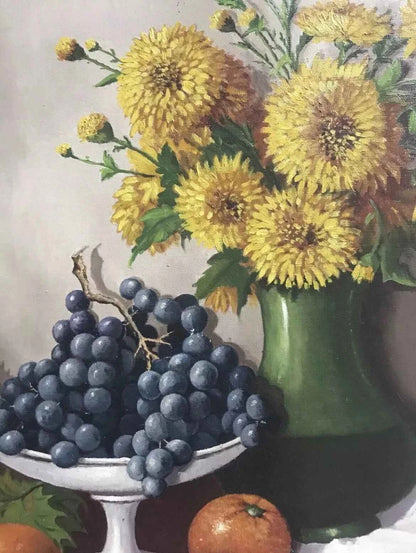 art-nature-morte-fleurs-bouquet-vase-fruits-raisin-orange-peinture-huile-toile